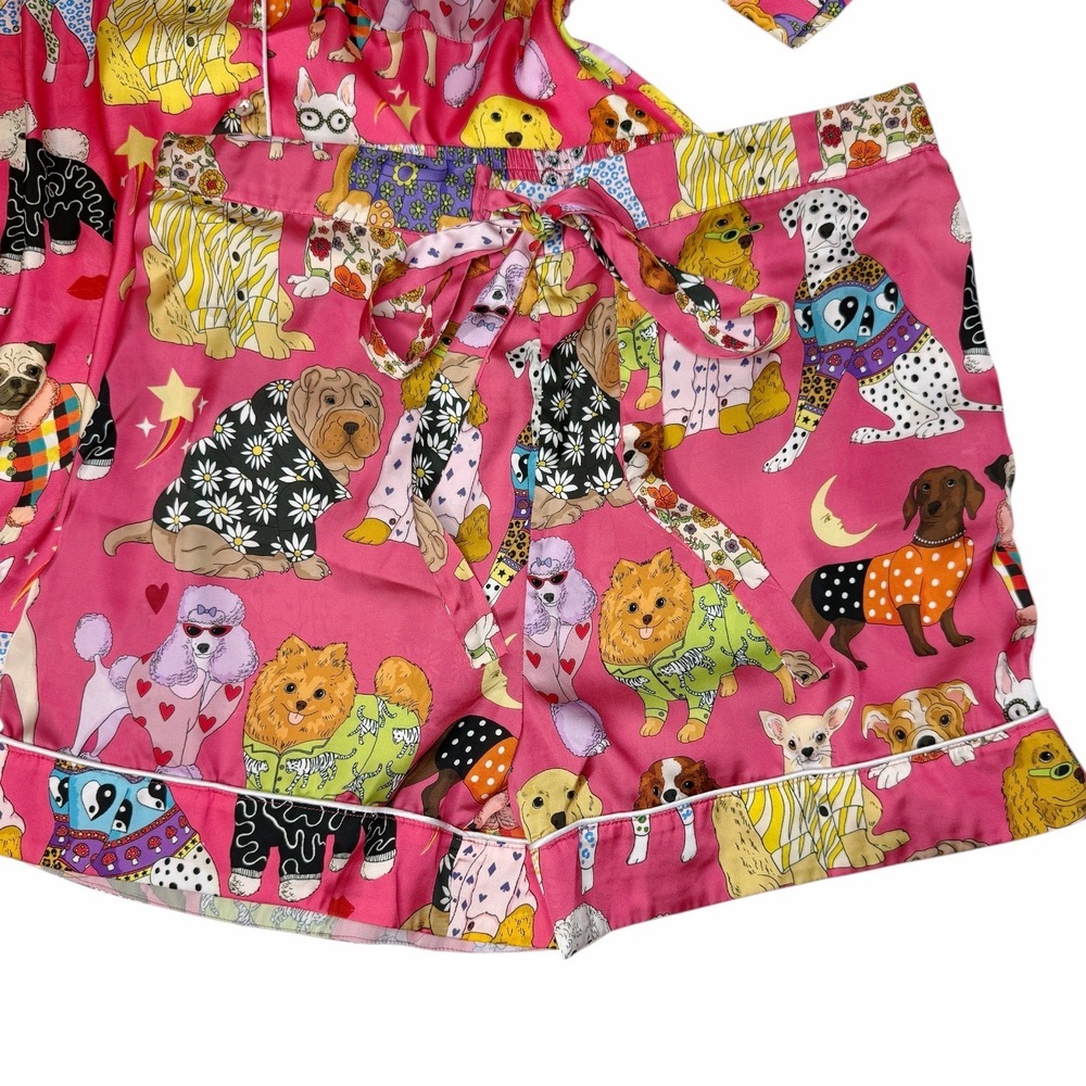 KAREN MABON Fashion Dogs Pink Satin Pajama Set Short Sleeve PJs Size Medium - Picture 6 of 10